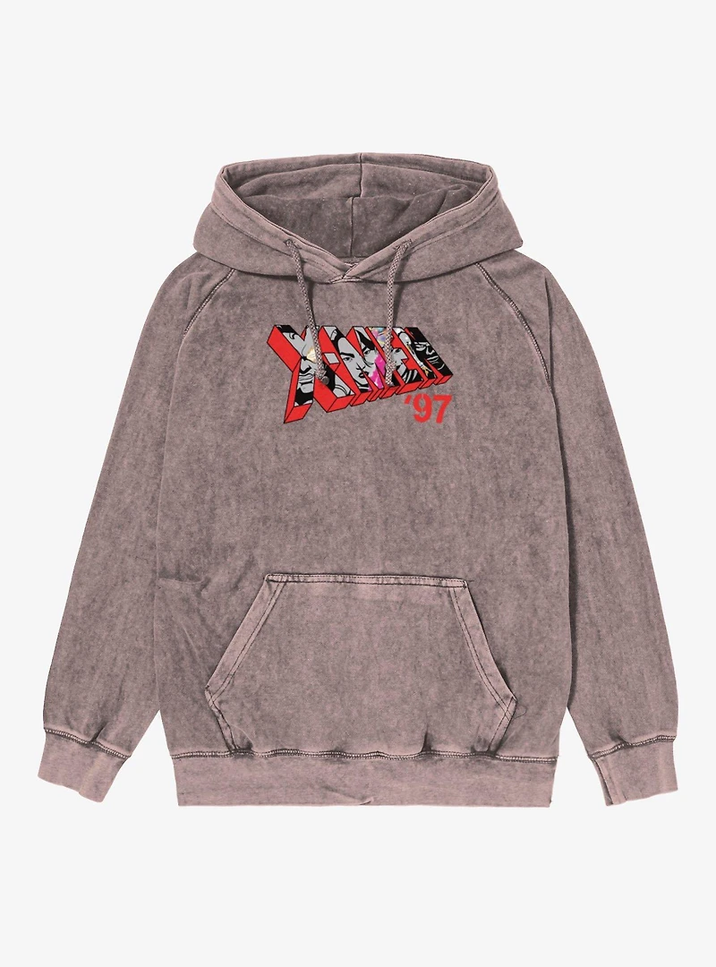 Marvel X-men 97 Logo Character Faces Red Mineral Wash Hoodie