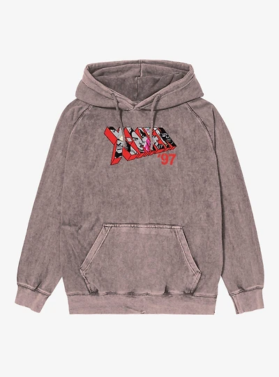 Marvel X-men 97 Logo Character Faces Red Mineral Wash Hoodie