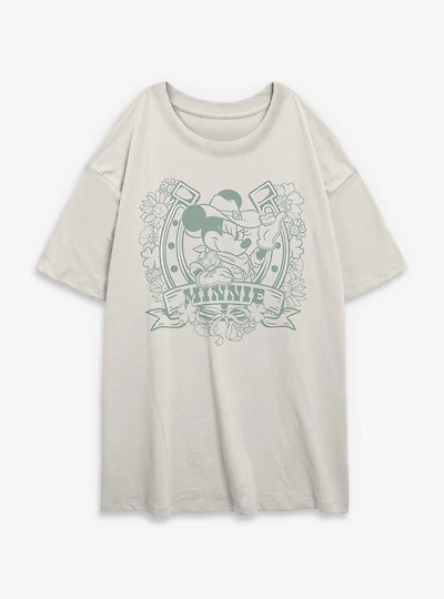 Disney Minnie Mouse Cowgirl Horseshoe Floral Womens Oversized T-Shirt