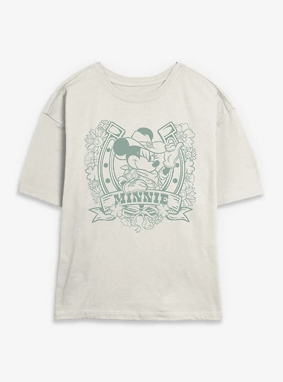 Disney Minnie Mouse Cowgirl Horseshoe Floral Womens Skimmer T-Shirt