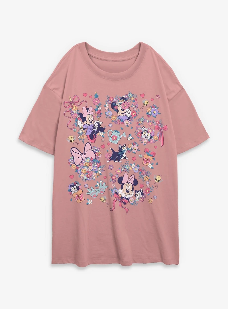 Disney Minnie Mouse And Figaro Gardem Collage Womens Oversized T-Shirt