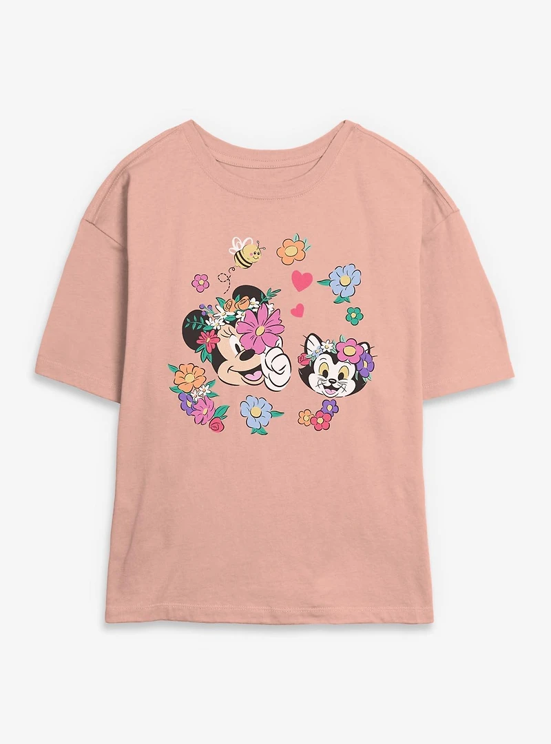 Disney Minnie Mouse Figaro And Flowers Womens Skimmer T-Shirt