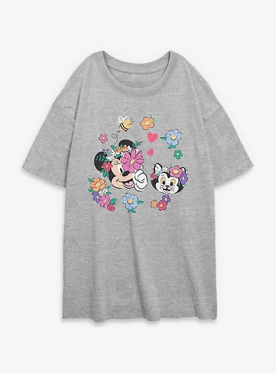 Disney Minnie Mouse Figaro And Flowers Womens Oversized T-Shirt