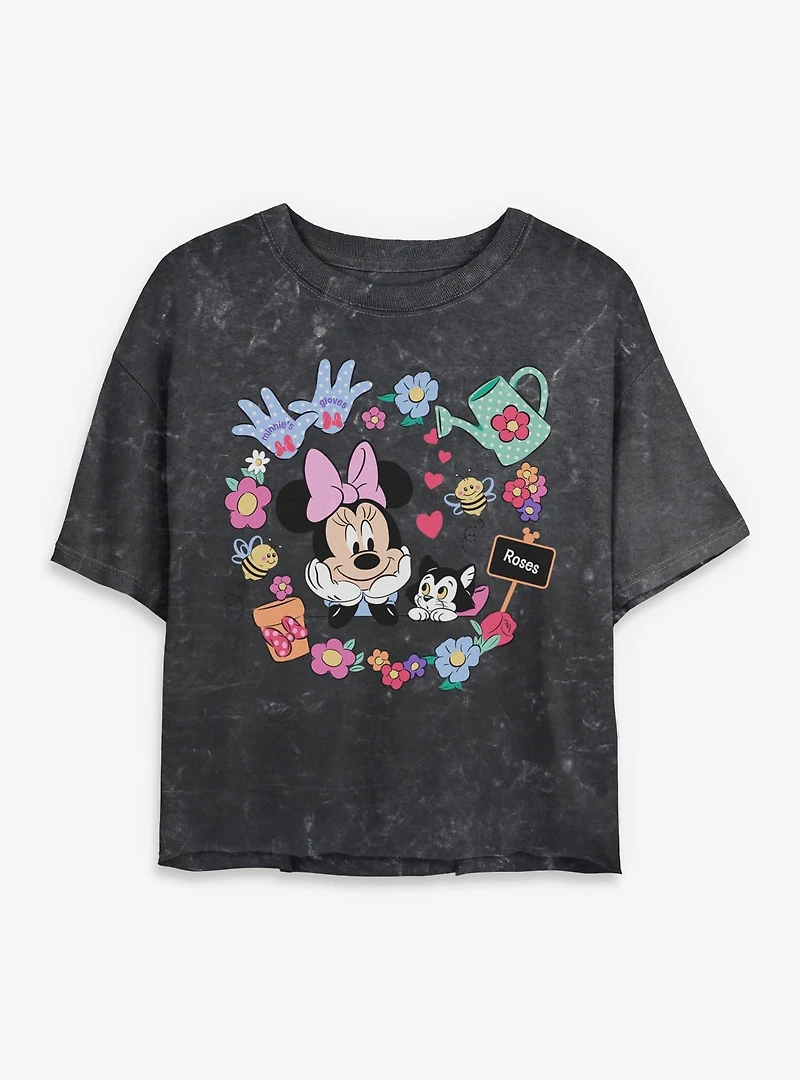 Disney Minnie Mouse And Figaro Garden Mineral Wash Womens Crop T-Shirt