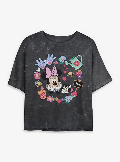 Disney Minnie Mouse And Figaro Garden Mineral Wash Womens Crop T-Shirt