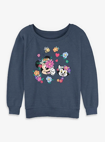 Disney Minnie Mouse Figaro And Flowers Womens Slouchy Sweatshirt
