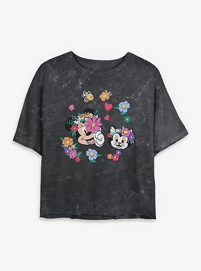 Disney Minnie Mouse Figaro And Flowers Mineral Wash Womens Crop T-Shirt