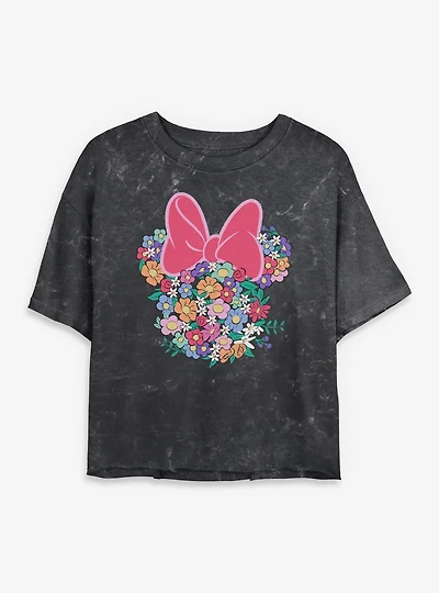 Disney Minnie Mouse Head Full Of Flowers Mineral Wash Womens Crop T-Shirt
