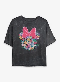 Disney Minnie Mouse Head Full Of Flowers Mineral Wash Womens Crop T-Shirt