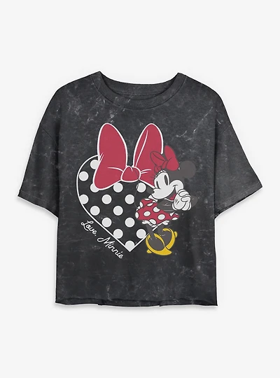Disney Minnie Mouse Love Bow Heart Mineral Wash Womens Crop T-Shirt