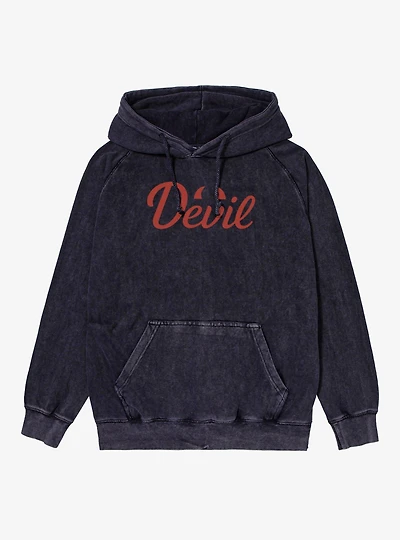 Devil Red Text With Horns Mineral Wash Hoodie
