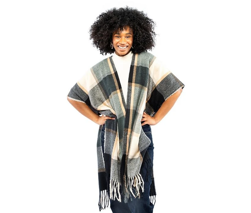 AW Items Checkered Brushed Kimono with Fringe