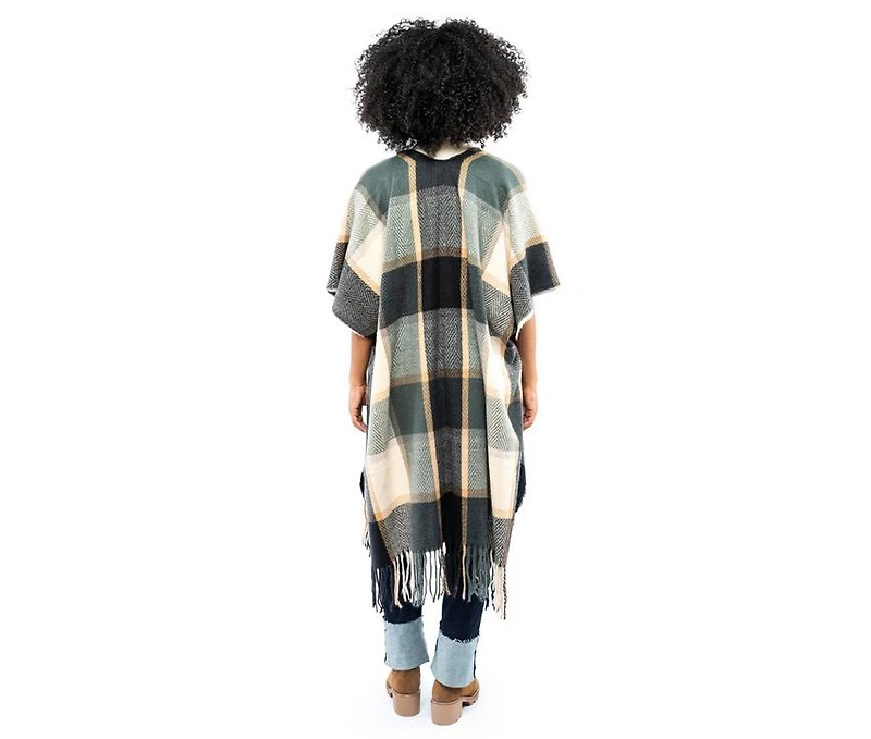 AW Items Checkered Brushed Kimono with Fringe