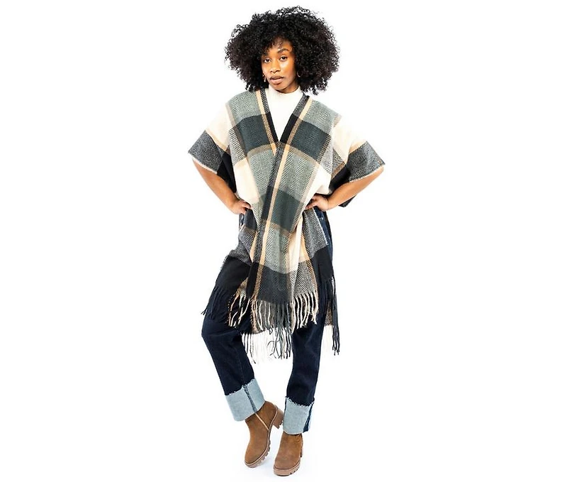 AW Items Checkered Brushed Kimono with Fringe