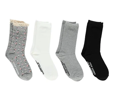 Steve Madden 4 Pack Ditsy Floral Crochet Welt Crew Socks