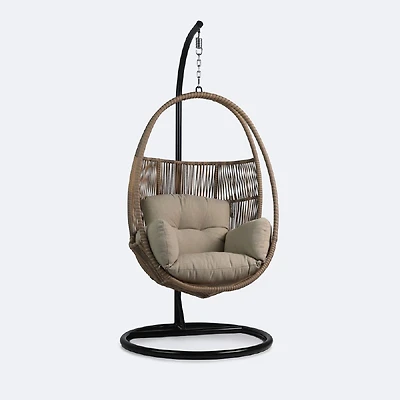 Halo Hanging Chair - Black Frame - Mixed Beige Wicker - Camel Cushions