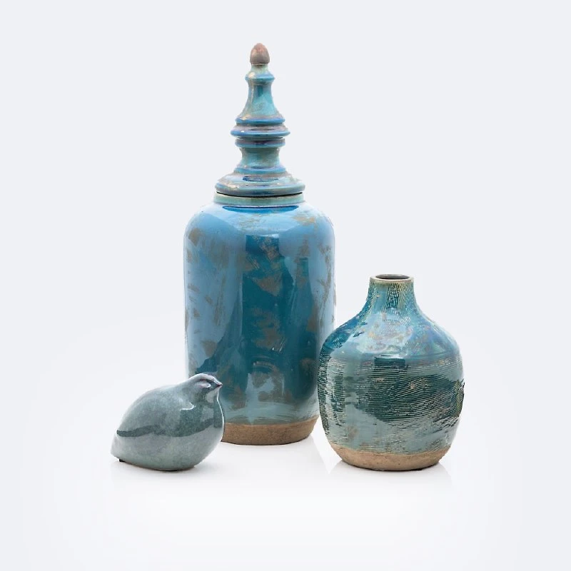 Ceramic Stone Blue Jar w/Lid