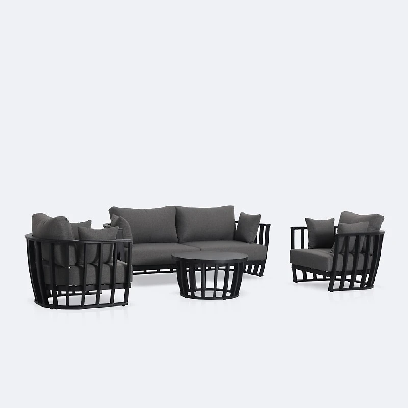 Capri Conversation Set with Coffee Table– Black Frame - Ash Grey Cushions