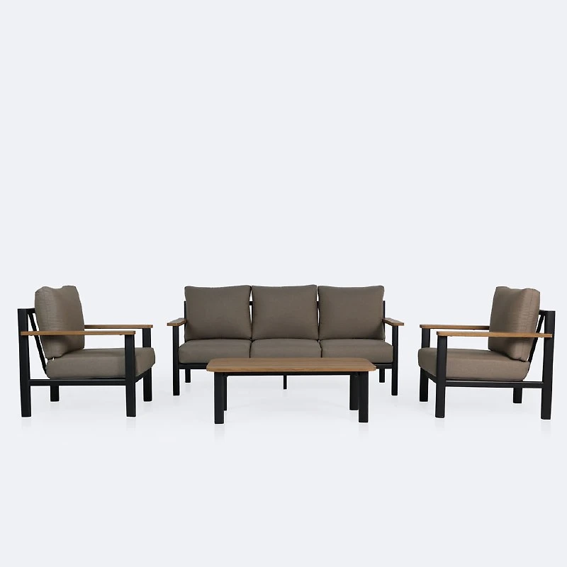 Rumi Sofa Conversation Set with Coffee Table - Woodlook/Black Frame / DotBella Truffle Cushion