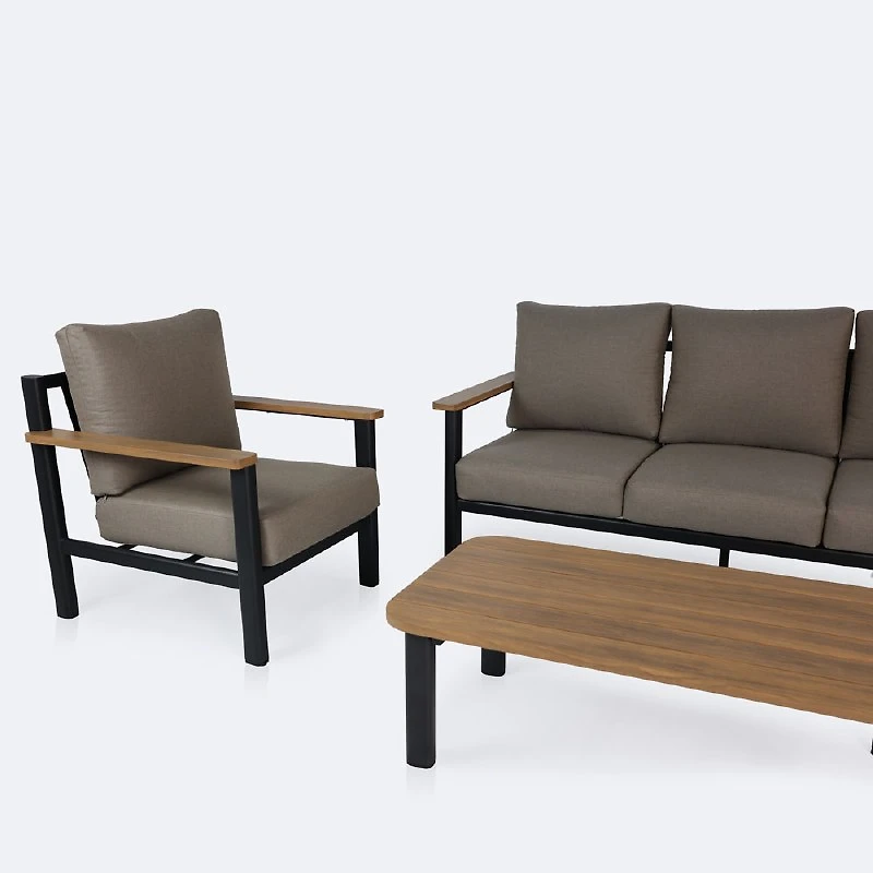 Rumi Sofa Conversation Set with Coffee Table - Woodlook/Black Frame / DotBella Truffle Cushion