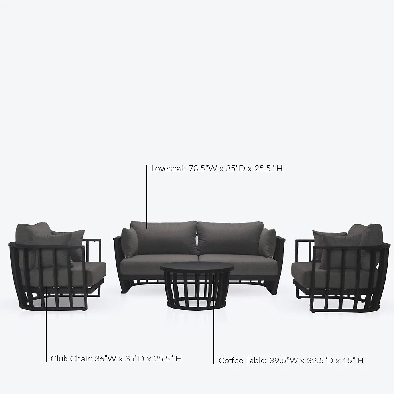 Capri Conversation Set with Coffee Table– Black Frame - Ash Grey Cushions