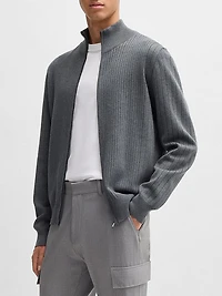 Zip-Up Cotton Cardigan with Knitted Pinstripes