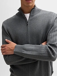 Zip-Up Cotton Cardigan with Knitted Pinstripes