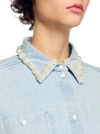 Denim Shirt with Beaded Collar