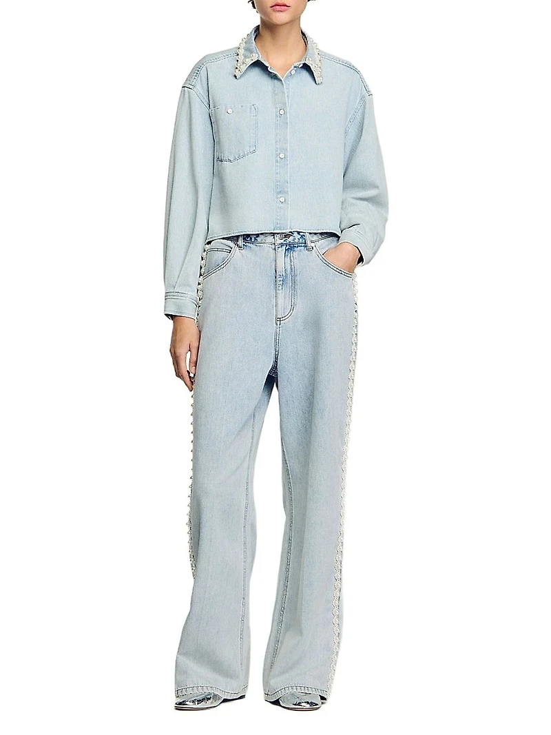 Denim Shirt with Beaded Collar