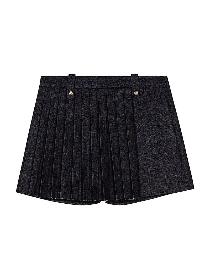 Layered-Effect Pleated Denim Shorts