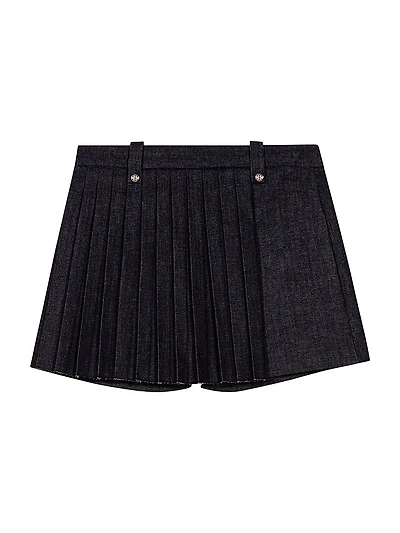 Layered-Effect Pleated Denim Shorts