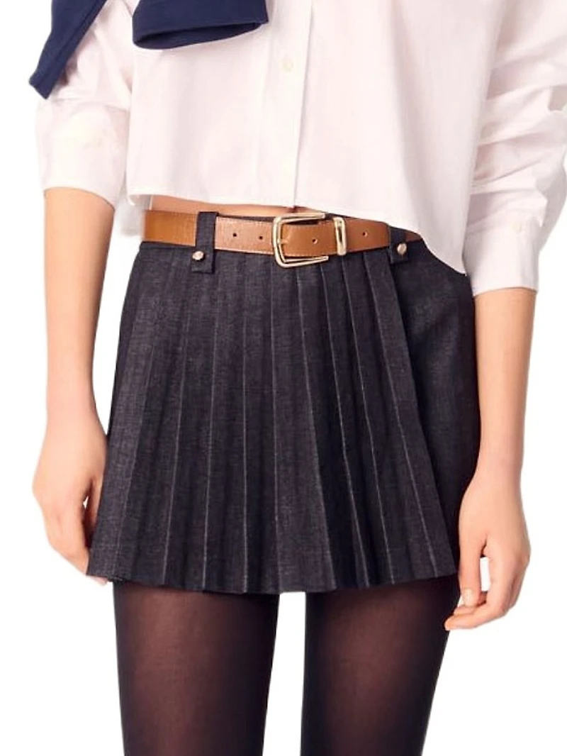Layered-Effect Pleated Denim Shorts