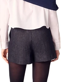 Layered-Effect Pleated Denim Shorts