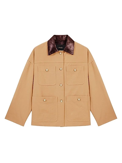 Cotton Coat with Leather Collar