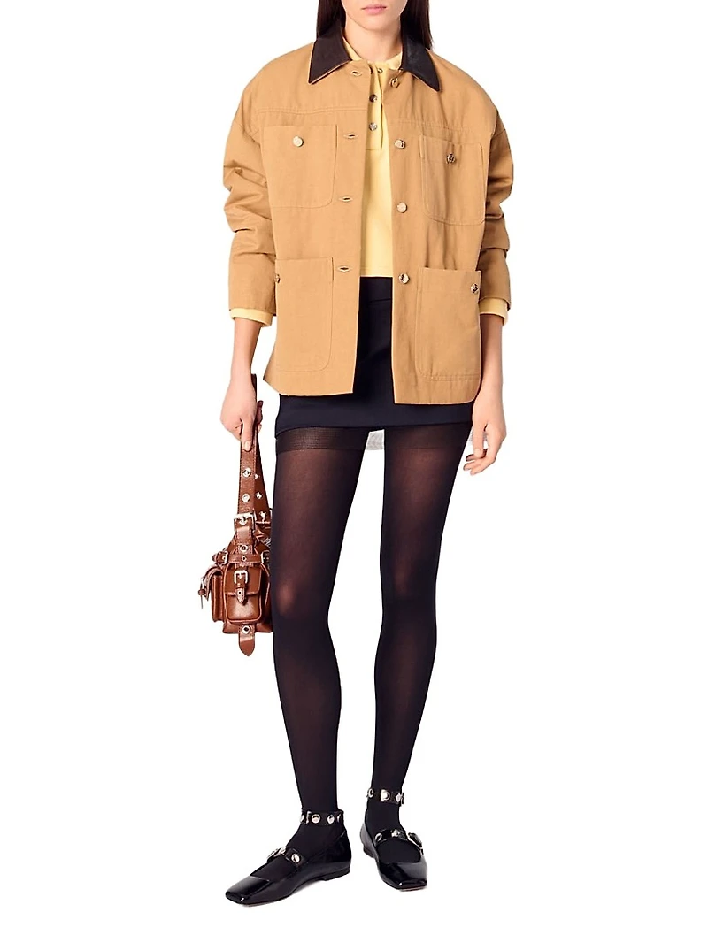 Cotton Coat with Leather Collar