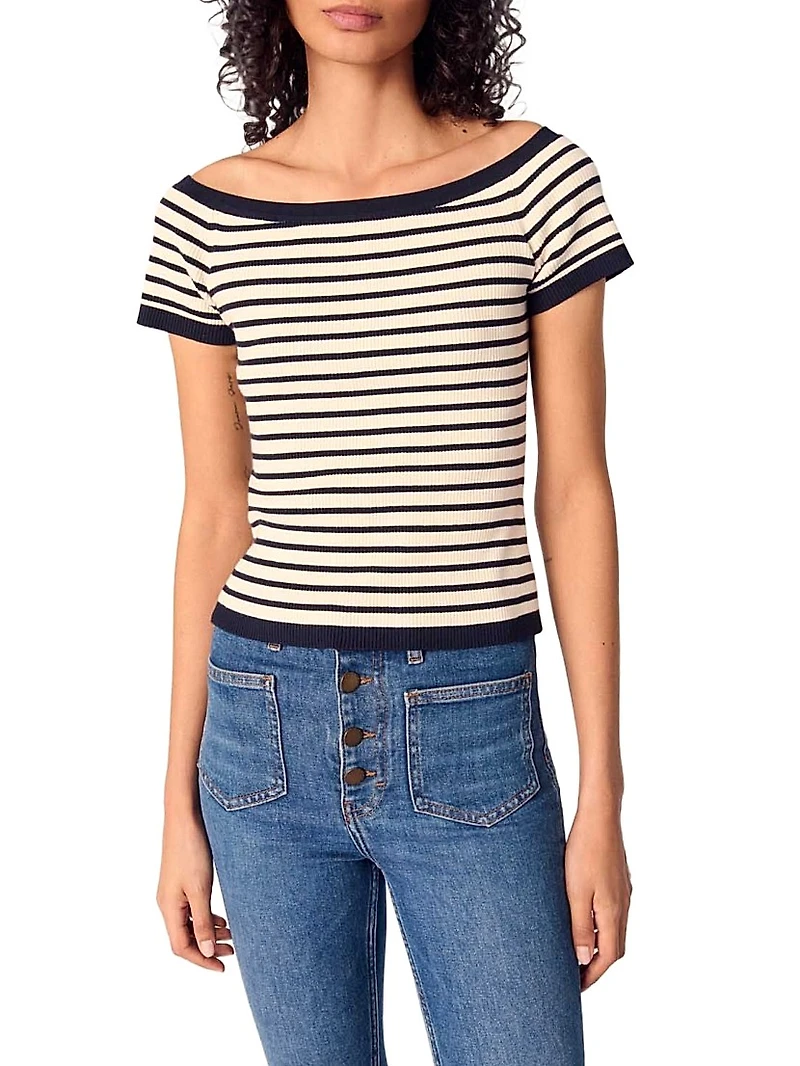 Rib Knit Short Sleeve Boat Neck Top