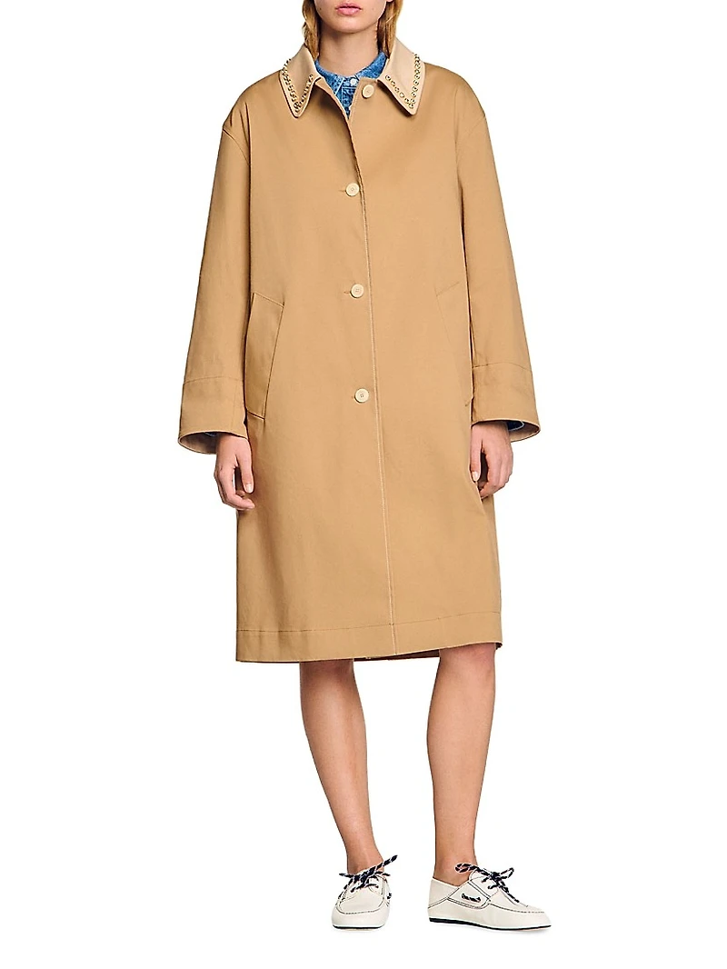 Trench Coat with Rhinestone Collar