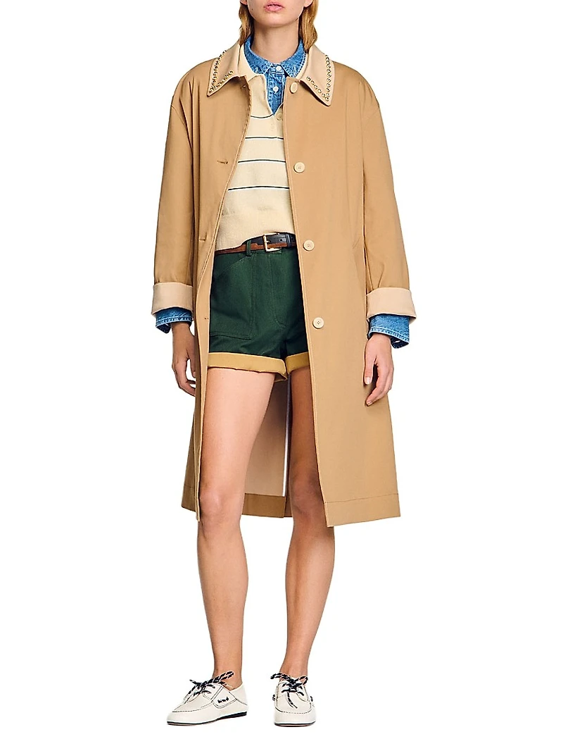 Trench Coat with Rhinestone Collar