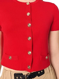 Cropped Short Sleeve Cardigan with Gold Buttons