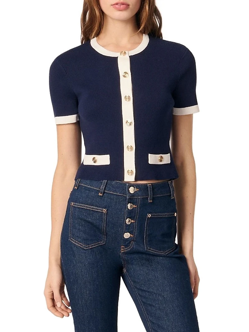 Contrasting Cropped Short Sleeve Cardigan