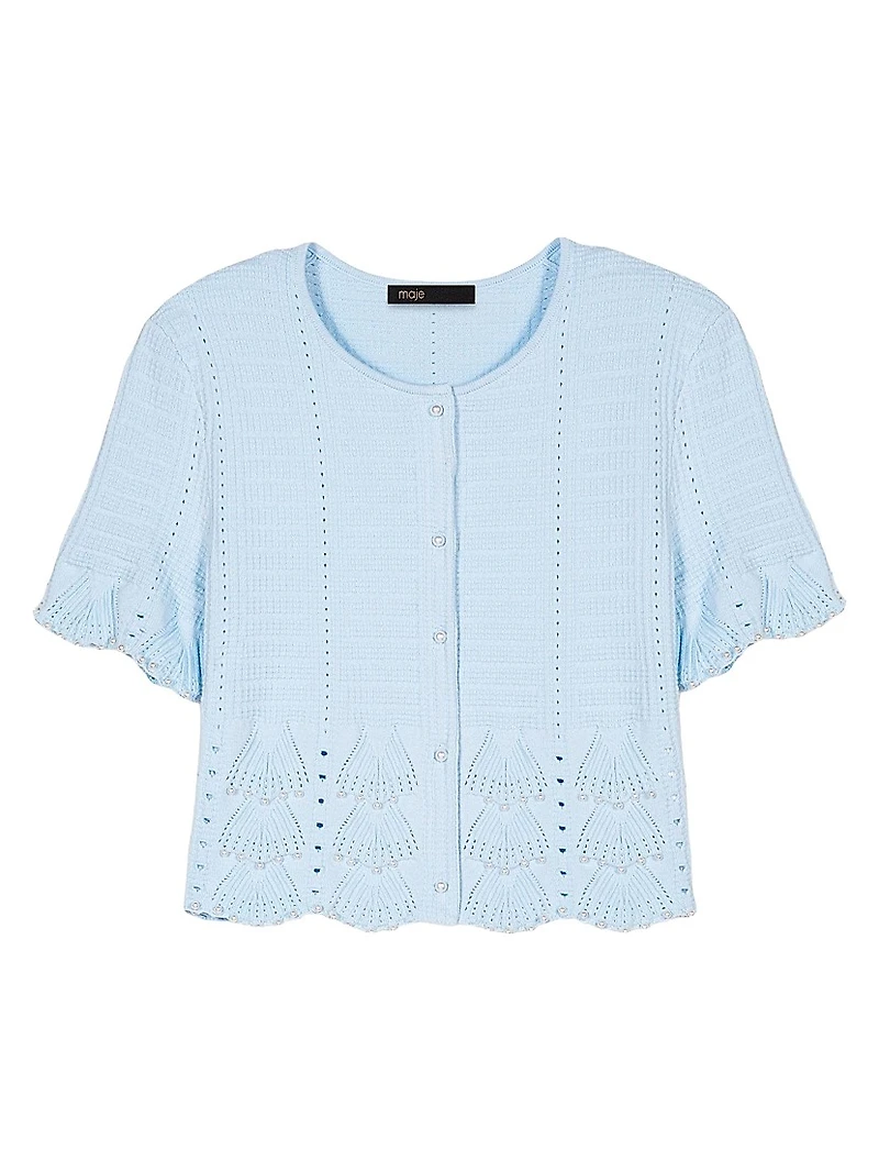 Beaded Pointelle Knit Short Sleeve Cardigan