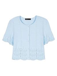 Beaded Pointelle Knit Short Sleeve Cardigan