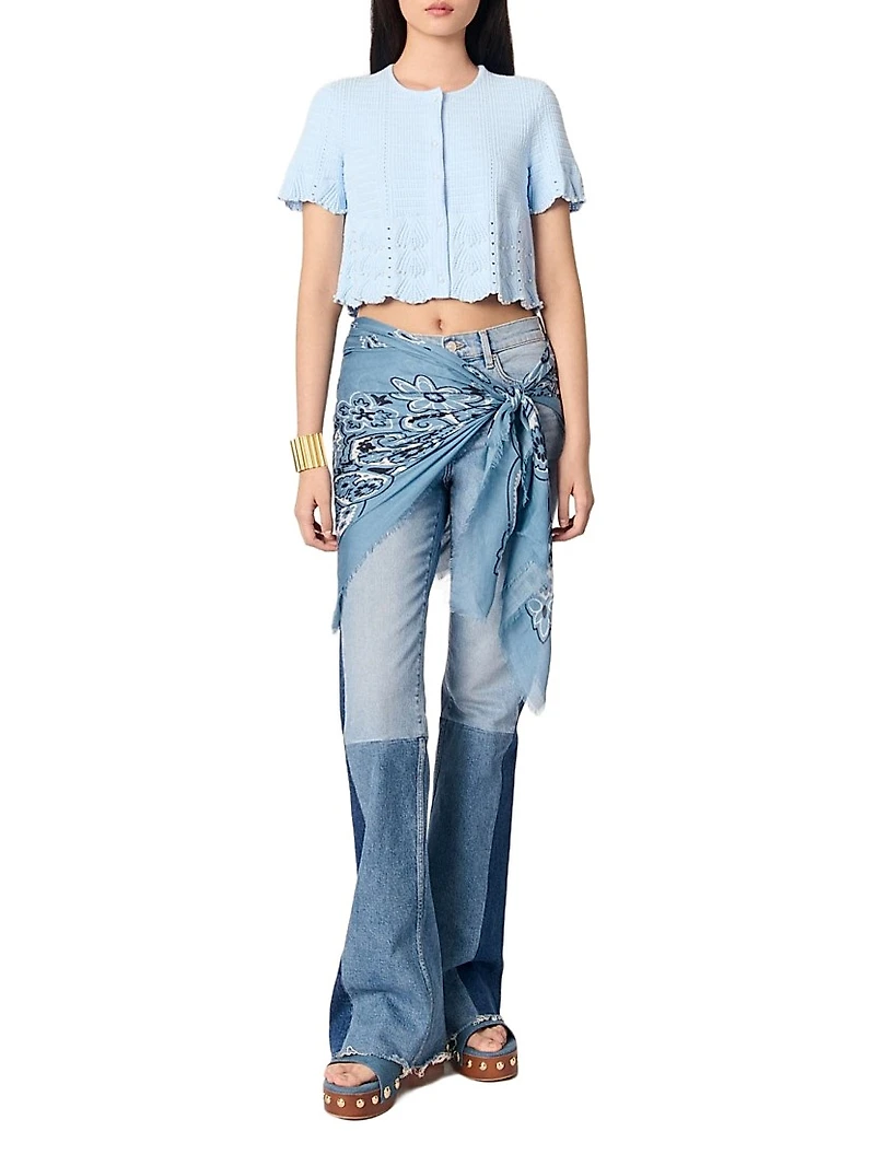 Beaded Pointelle Knit Short Sleeve Cardigan