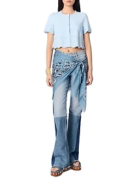 Beaded Pointelle Knit Short Sleeve Cardigan