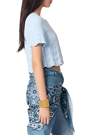 Beaded Pointelle Knit Short Sleeve Cardigan