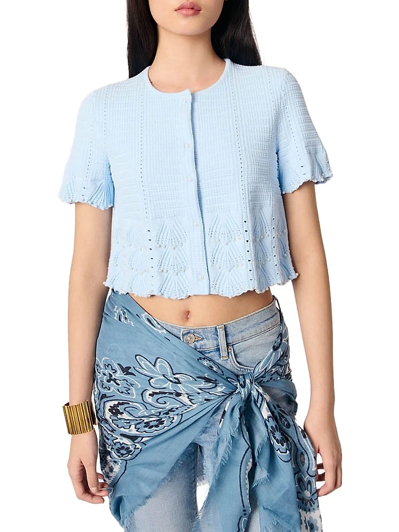 Beaded Pointelle Knit Short Sleeve Cardigan