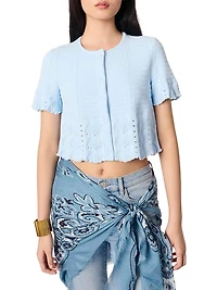 Beaded Pointelle Knit Short Sleeve Cardigan