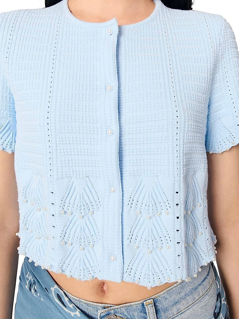 Beaded Pointelle Knit Short Sleeve Cardigan