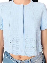 Beaded Pointelle Knit Short Sleeve Cardigan