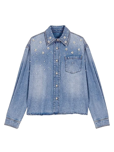 Denim Shirt Jacket with Embroidered Beads
